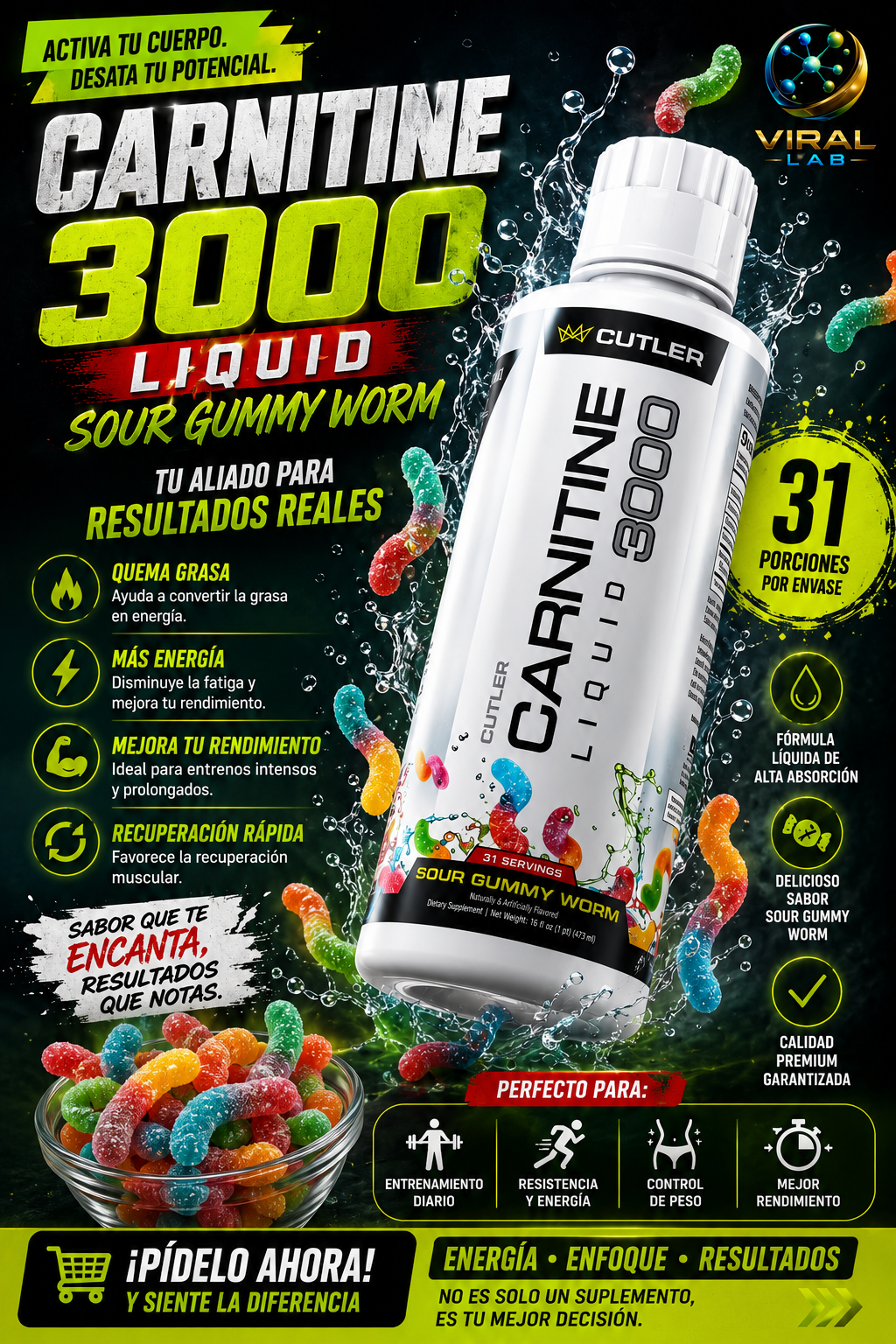 L-Carnitine 3000 Líquida - Vista frontal producto NutriCore